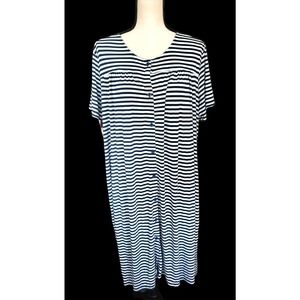 Ekouaer Blue & White Striped Button-Up S/S Midi Soft Knit Robe Sz L